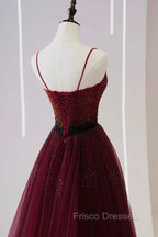 Burgundy Tulle Long Formal Prom Dress with Beaded, Spaghetti Straps Evening Dress