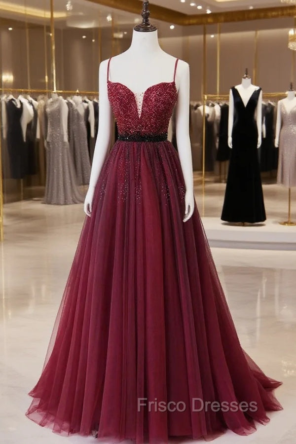 Burgundy Tulle Long Formal Prom Dress with Beaded, Spaghetti Straps Evening Dress Main image