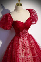 Burgundy Tulle Long Formal Prom Dress with Sequins, A-Line Short Sleeve Evening Dress