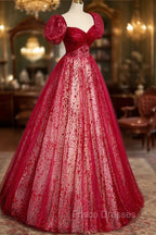 Burgundy Tulle Long Formal Prom Dress with Sequins, A-Line Short Sleeve Evening Dress