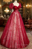 Burgundy Tulle Long Formal Prom Dress with Sequins, A-Line Short Sleeve Evening Dress