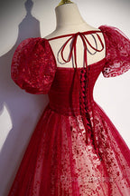 Burgundy Tulle Long Formal Prom Dress with Sequins, A-Line Short Sleeve Evening Dress