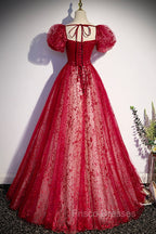 Burgundy Tulle Long Formal Prom Dress with Sequins, A-Line Short Sleeve Evening Dress