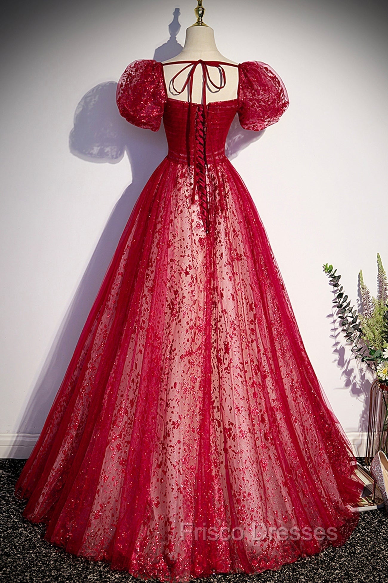 Burgundy Tulle Long Formal Prom Dress with Sequins, A-Line Short Sleeve Evening Dress