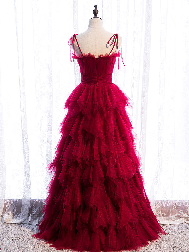 Burgundy Tulle Long Prom Dresses, Burgundy Formal Graduation Dresses Secondary image