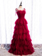 Burgundy Tulle Long Prom Dresses, Burgundy Formal Graduation Dresses