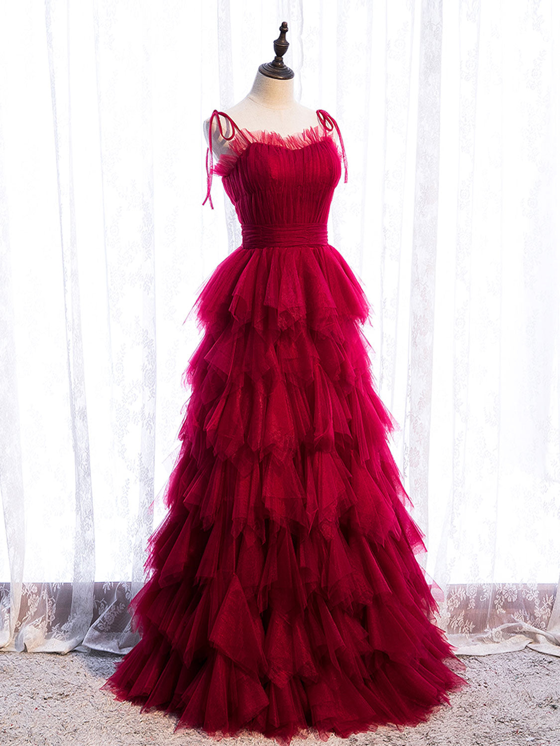 Burgundy Tulle Long Prom Dresses, Burgundy Formal Graduation Dresses
