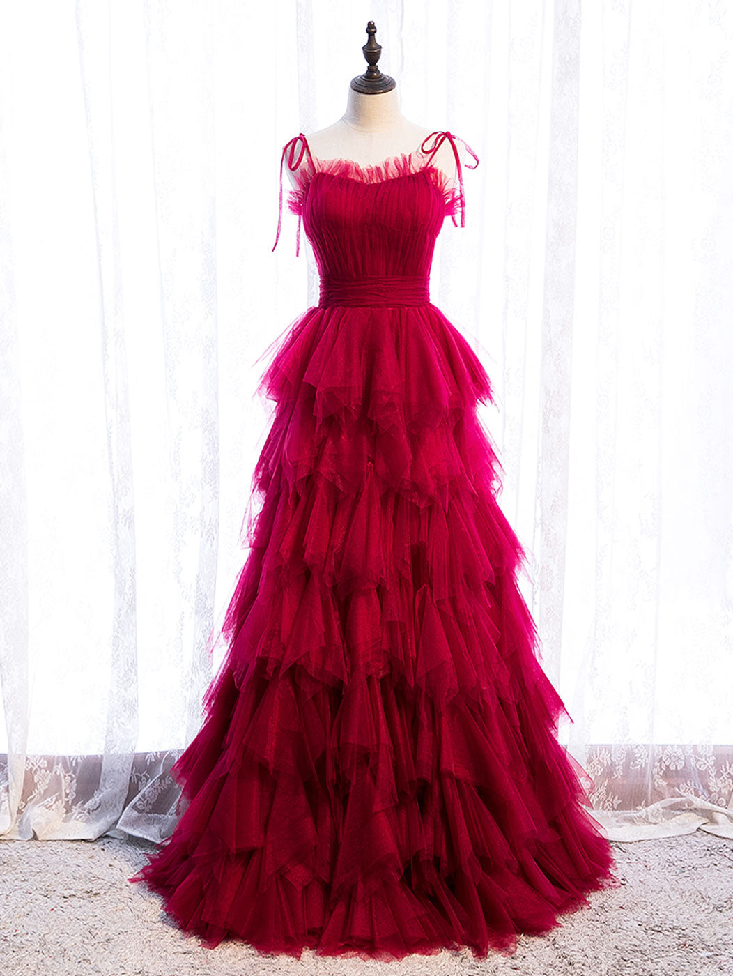 Burgundy Tulle Long Prom Dresses, Burgundy Formal Graduation Dresses Main image