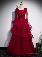 Burgundy Tulle Long Sleeve Beading Prom Dress