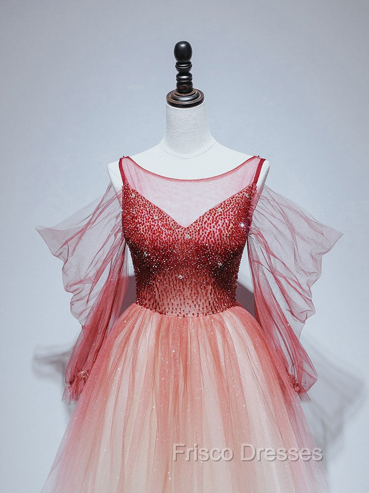 Burgundy Tulle Off Shoulder Beads Long Formal Prom Dress, Burgundy Evening Dress Secondary image
