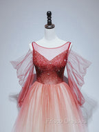 Burgundy Tulle Off Shoulder Beads Long Formal Prom Dress, Burgundy Evening Dress