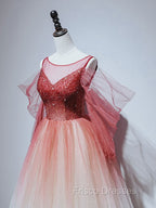 Burgundy Tulle Off Shoulder Beads Long Formal Prom Dress, Burgundy Evening Dress