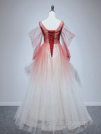 Burgundy Tulle Off Shoulder Beads Long Formal Prom Dress, Burgundy Evening Dress