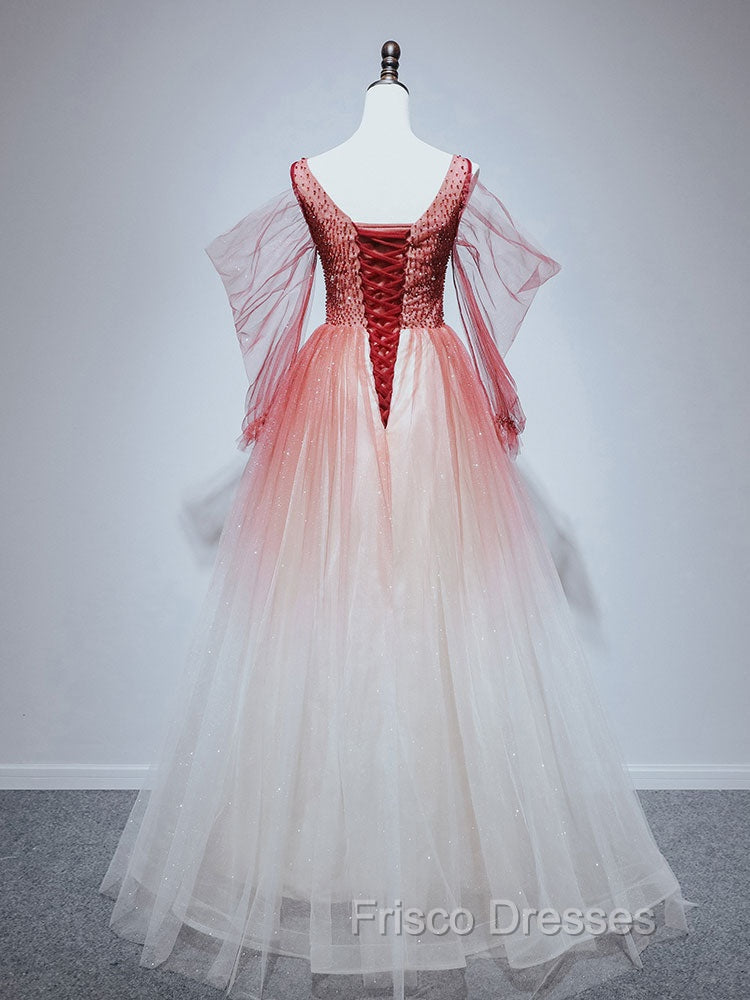 Burgundy Tulle Off Shoulder Beads Long Formal Prom Dress, Burgundy Evening Dress