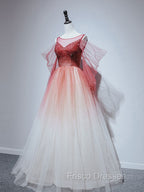 Burgundy Tulle Off Shoulder Beads Long Formal Prom Dress, Burgundy Evening Dress