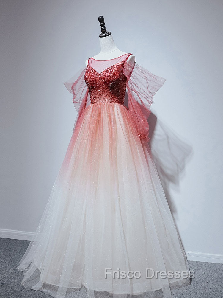 Burgundy Tulle Off Shoulder Beads Long Formal Prom Dress, Burgundy Evening Dress