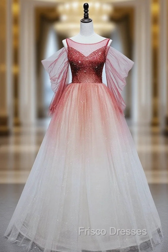 Burgundy Tulle Off Shoulder Beads Long Formal Prom Dress, Burgundy Evening Dress