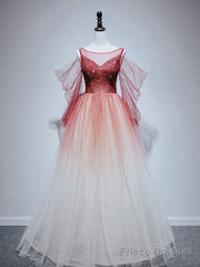 Burgundy Tulle Off Shoulder Beads Long Prom Dress, Burgundy Evening Dress