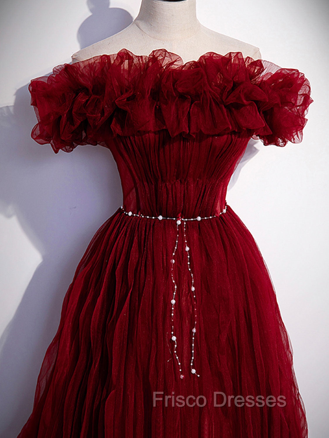 Burgundy Tulle Off Shoulder Long Formal Prom Dress, Burgundy Evening Dress Secondary image