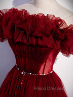 Burgundy Tulle Off Shoulder Long Formal Prom Dress, Burgundy Evening Dress