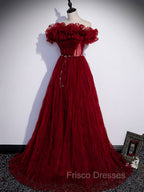 Burgundy Tulle Off Shoulder Long Formal Prom Dress, Burgundy Evening Dress