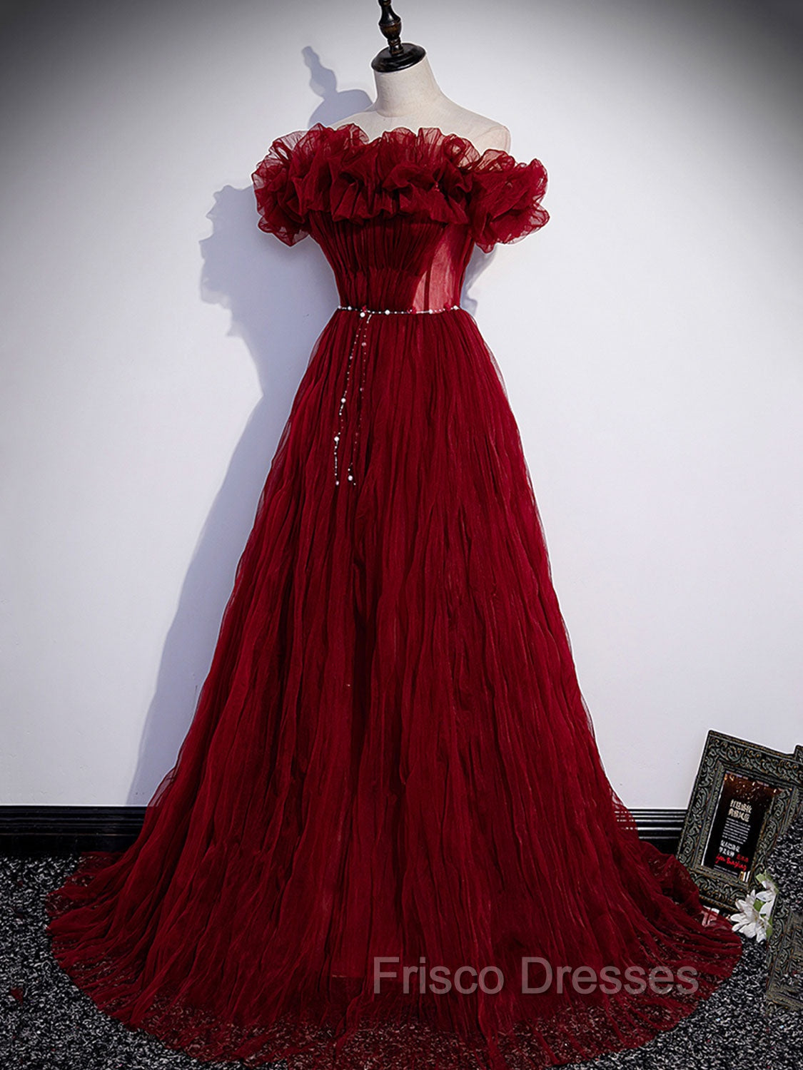Burgundy Tulle Off Shoulder Long Formal Prom Dress, Burgundy Evening Dress
