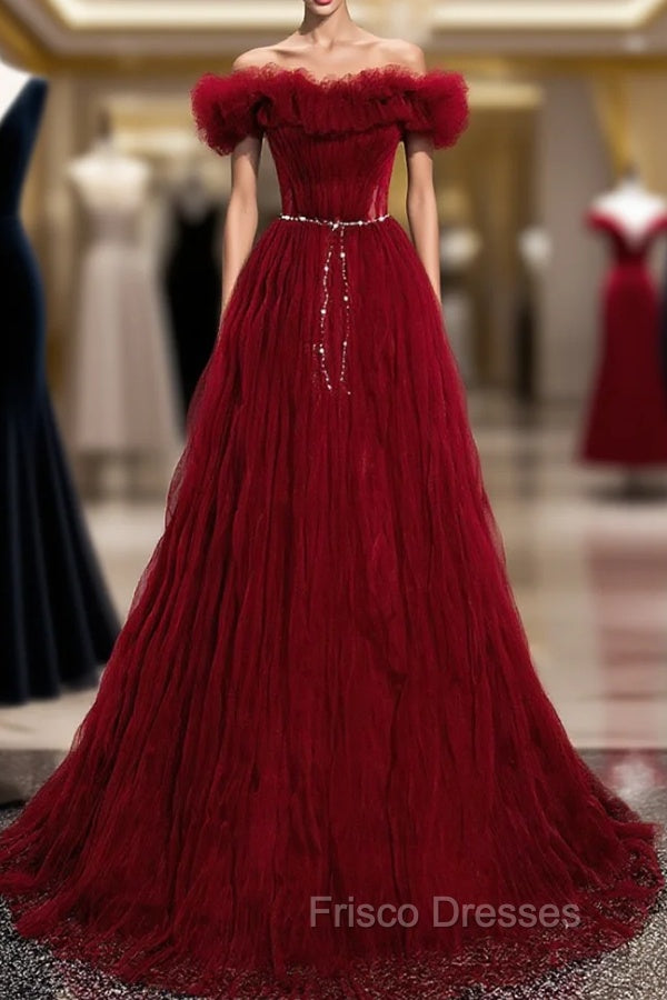 Burgundy Tulle Off Shoulder Long Formal Prom Dress, Burgundy Evening Dress Main image