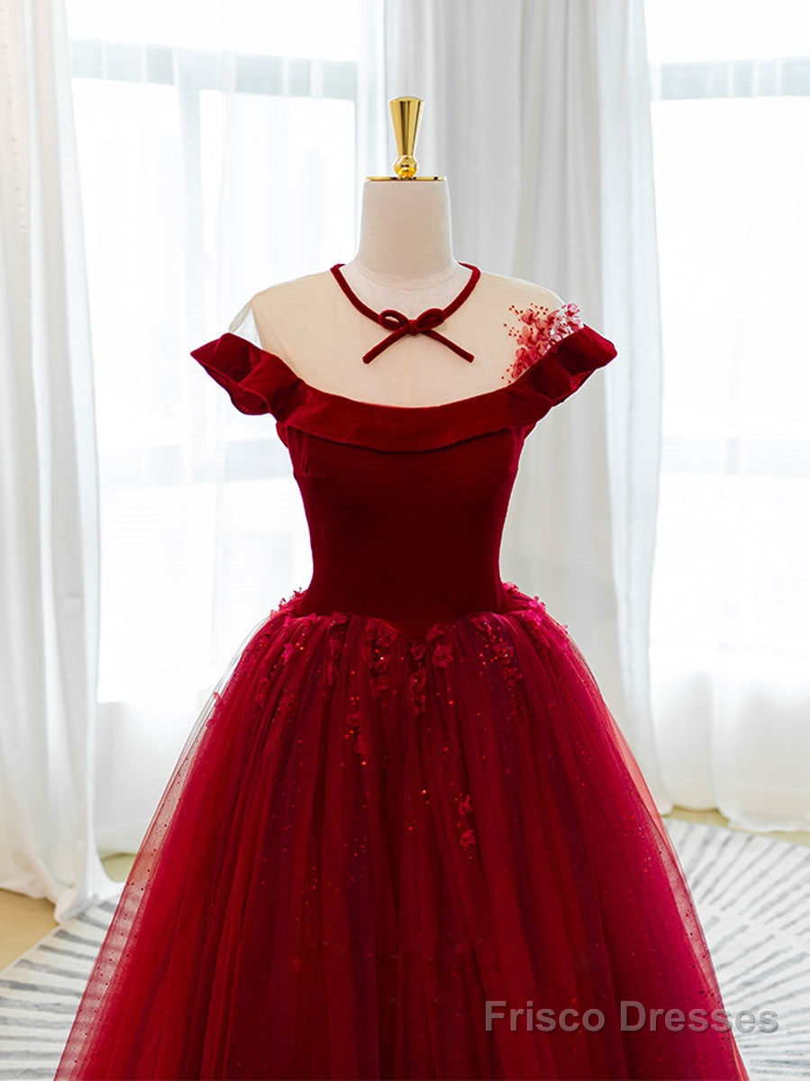 Burgundy Tulle Off Shoulder Long Prom Dress, Burgundy Tulle Formal Dress Secondary image