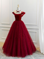 Burgundy Tulle Off Shoulder Long Prom Dress, Burgundy Tulle Formal Dress