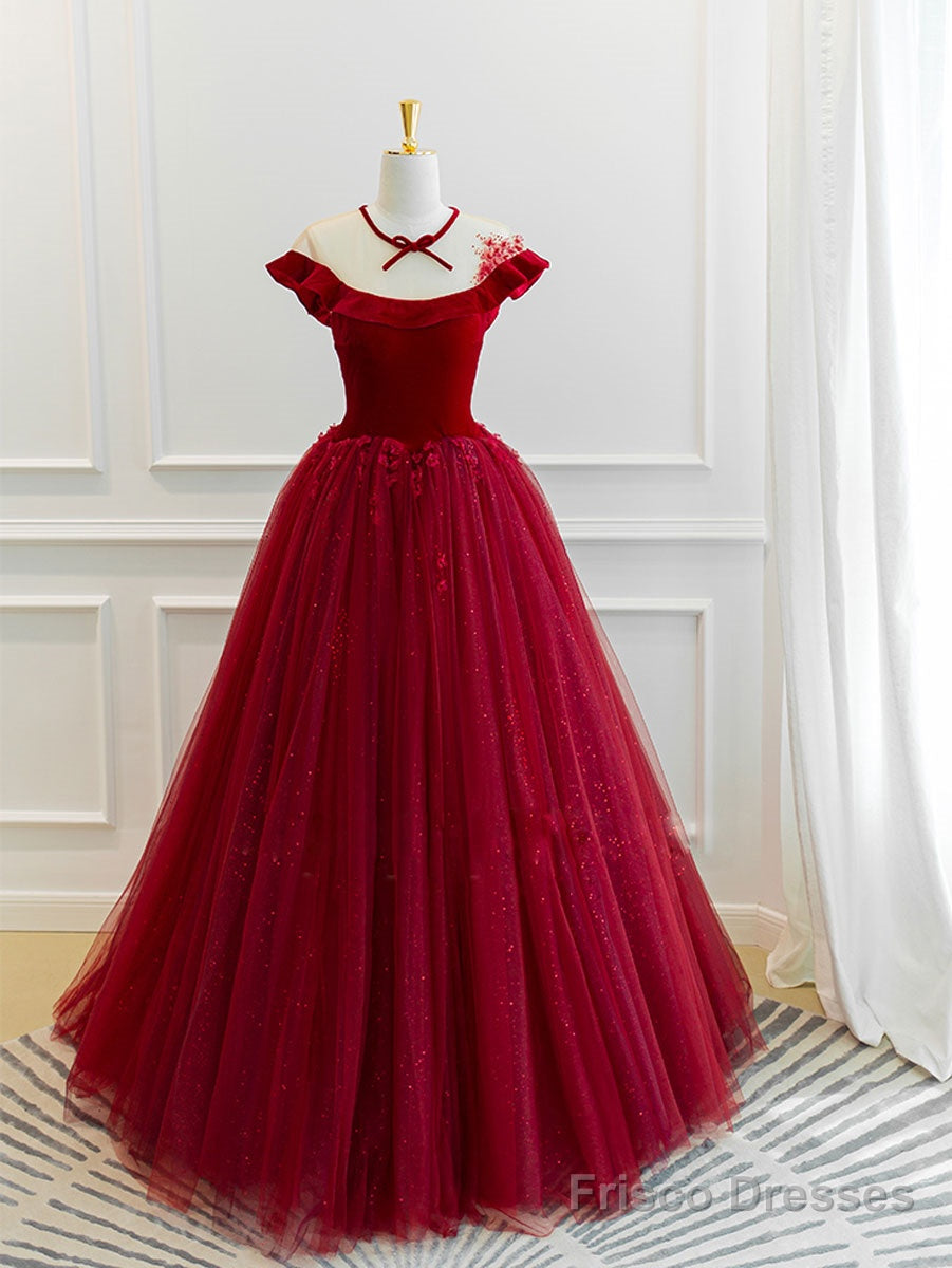 Burgundy Tulle Off Shoulder Long Prom Dress, Burgundy Tulle Formal Dress Main image