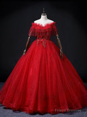 Burgundy Tulle Off the Shoulder Beading Appliques Quinceanera Dress