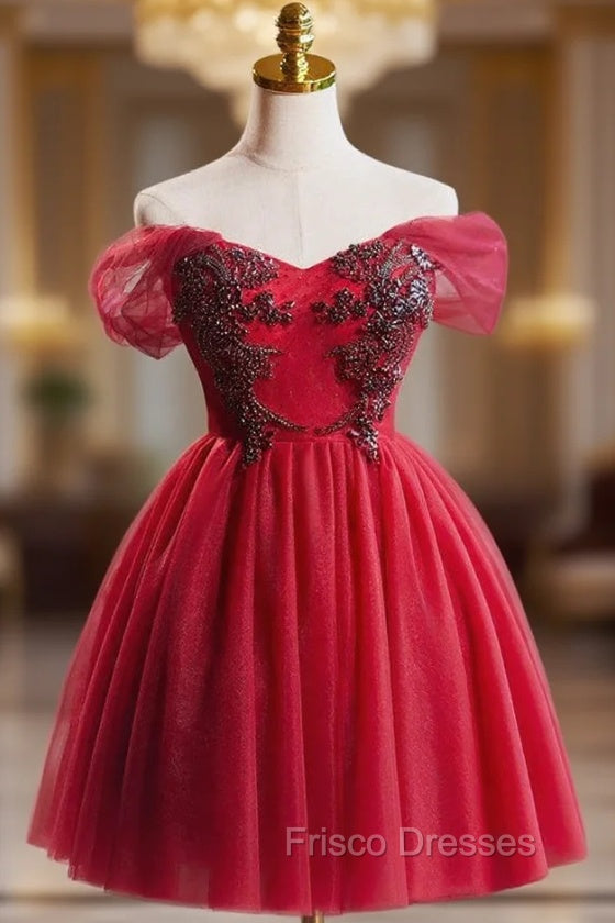 Burgundy Tulle Off the Shoulder Beading Homecoming Dress Main image