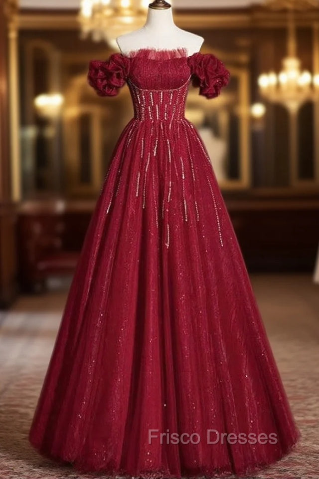 Burgundy Tulle Off the Shoulder Beading Pleats Formal Prom Dress Main image