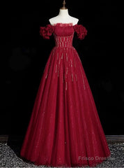 Burgundy Tulle Off the Shoulder Beading Pleats Prom Dress