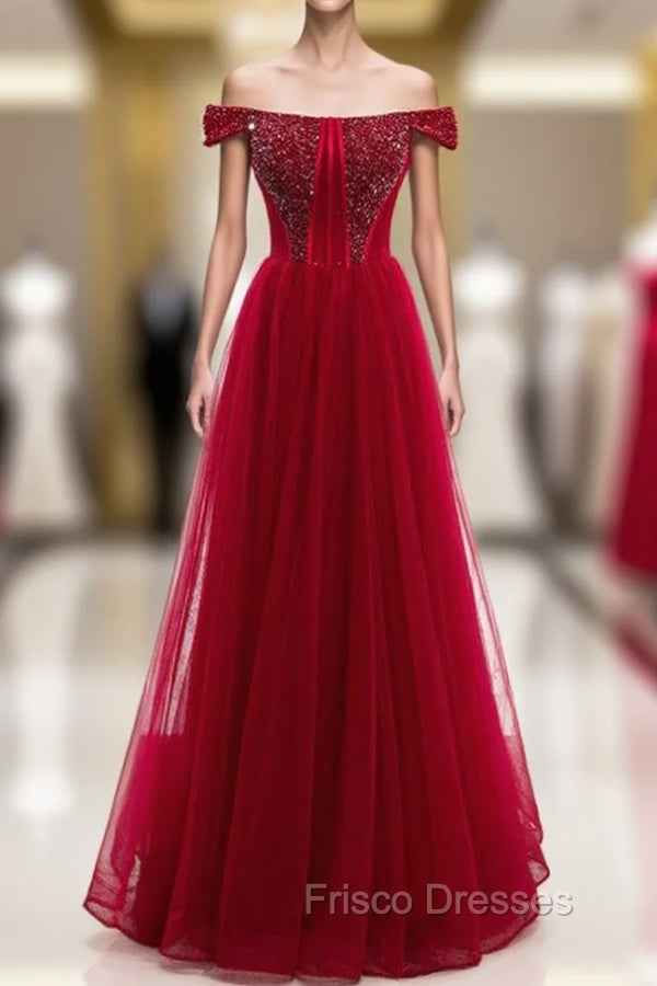 Burgundy Tulle Off the Shoulder Beading Formal Prom Dress Main image