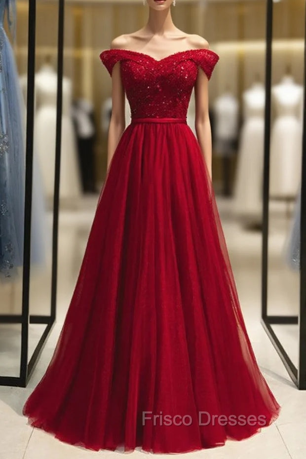 Burgundy Tulle Off the Shoulder Beading Formal Prom Dress Main image