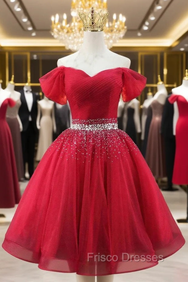Burgundy Tulle Off the Shoulder Pleats Beading Homecoming Dress Main image