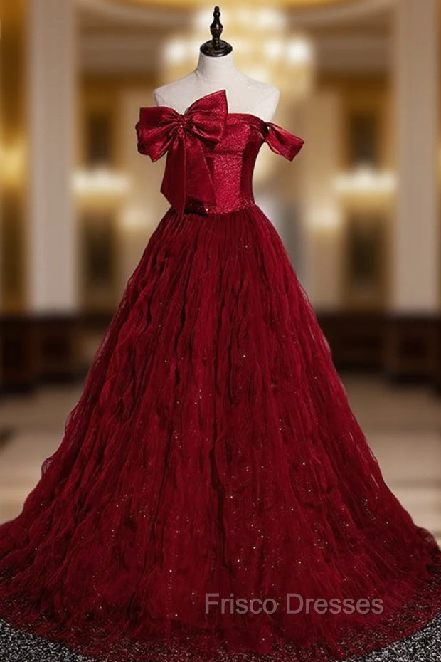 Burgundy Tulle Off the Shoulder Pleats Bow Formal Prom Dress