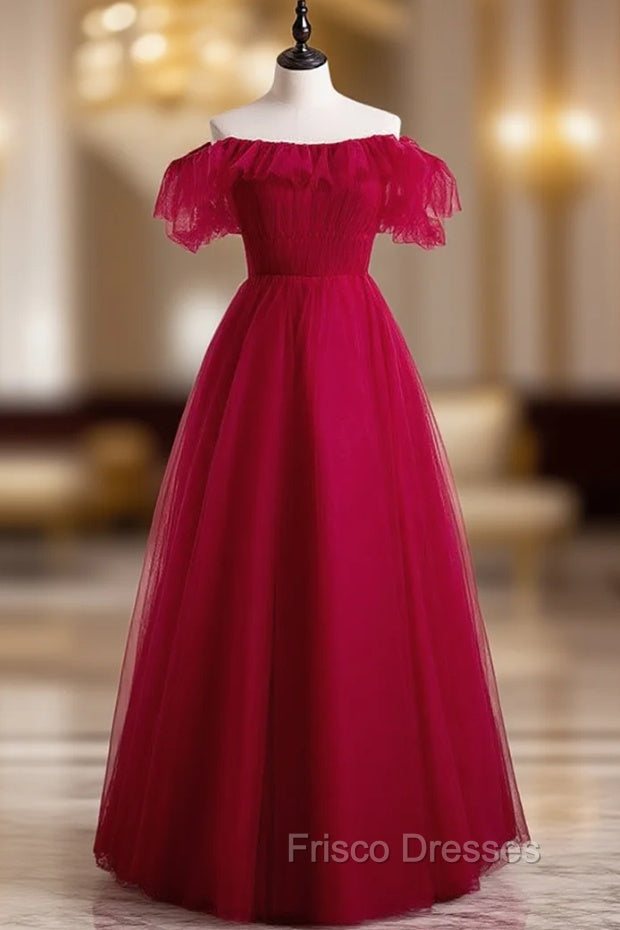 Burgundy Tulle Off the Shoulder Pleats Formal Prom Dress