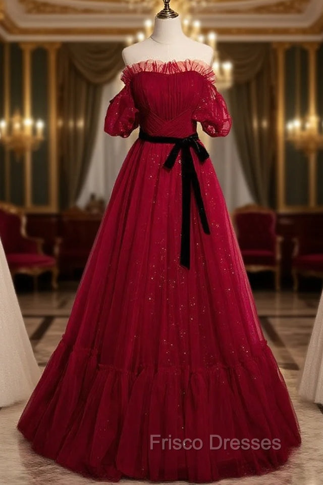 Burgundy Tulle Off the Shoulder Pleats Puff Sleeve Formal Prom Dress