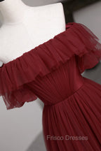 Burgundy Tulle Off the Shoulder Formal Prom Dress, Long A-Line Evening Dress