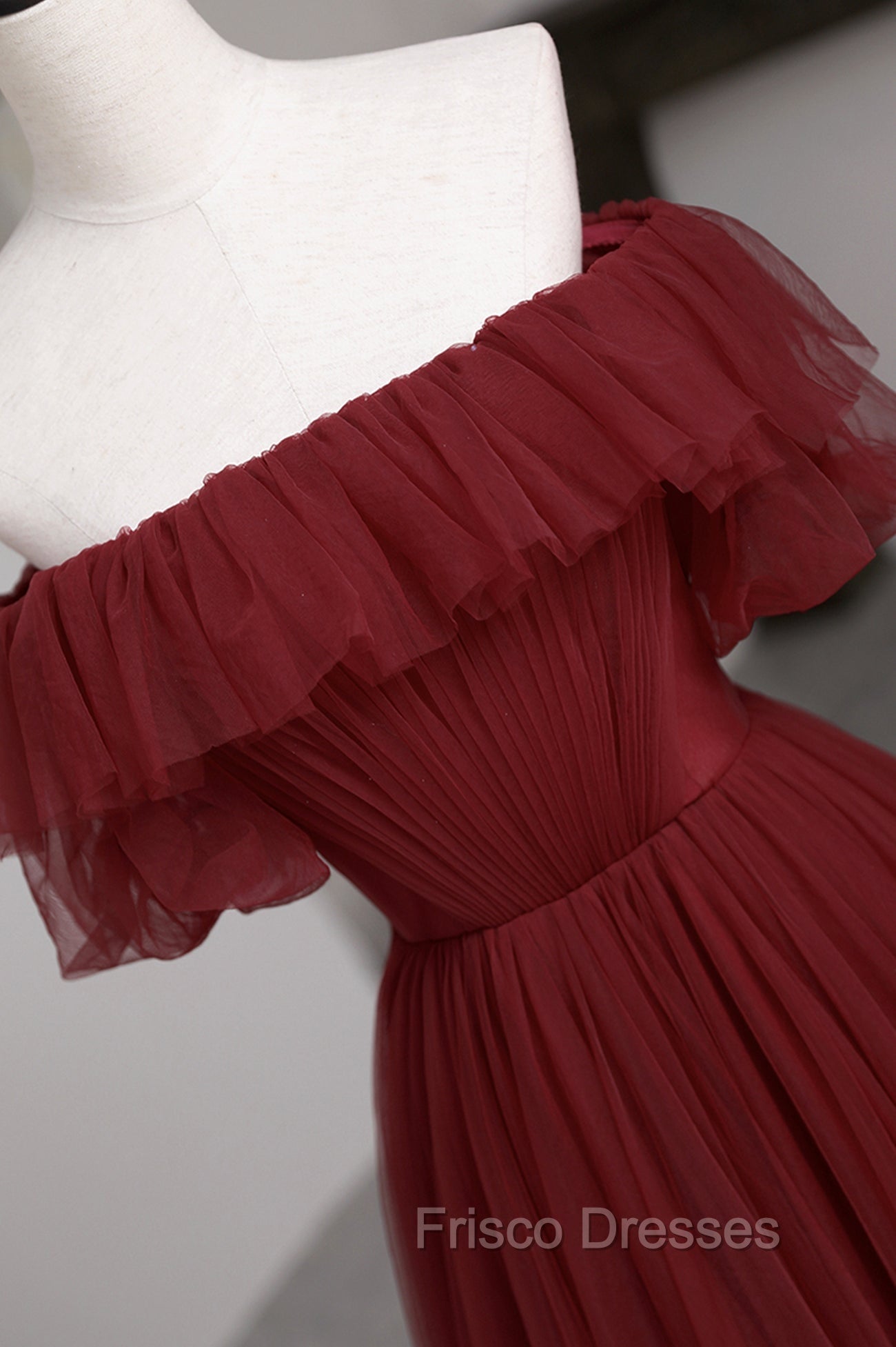 Burgundy Tulle Off the Shoulder Formal Prom Dress, Long A-Line Evening Dress