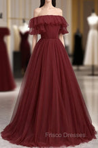 Burgundy Tulle Off the Shoulder Formal Prom Dress, Long A-Line Evening Dress