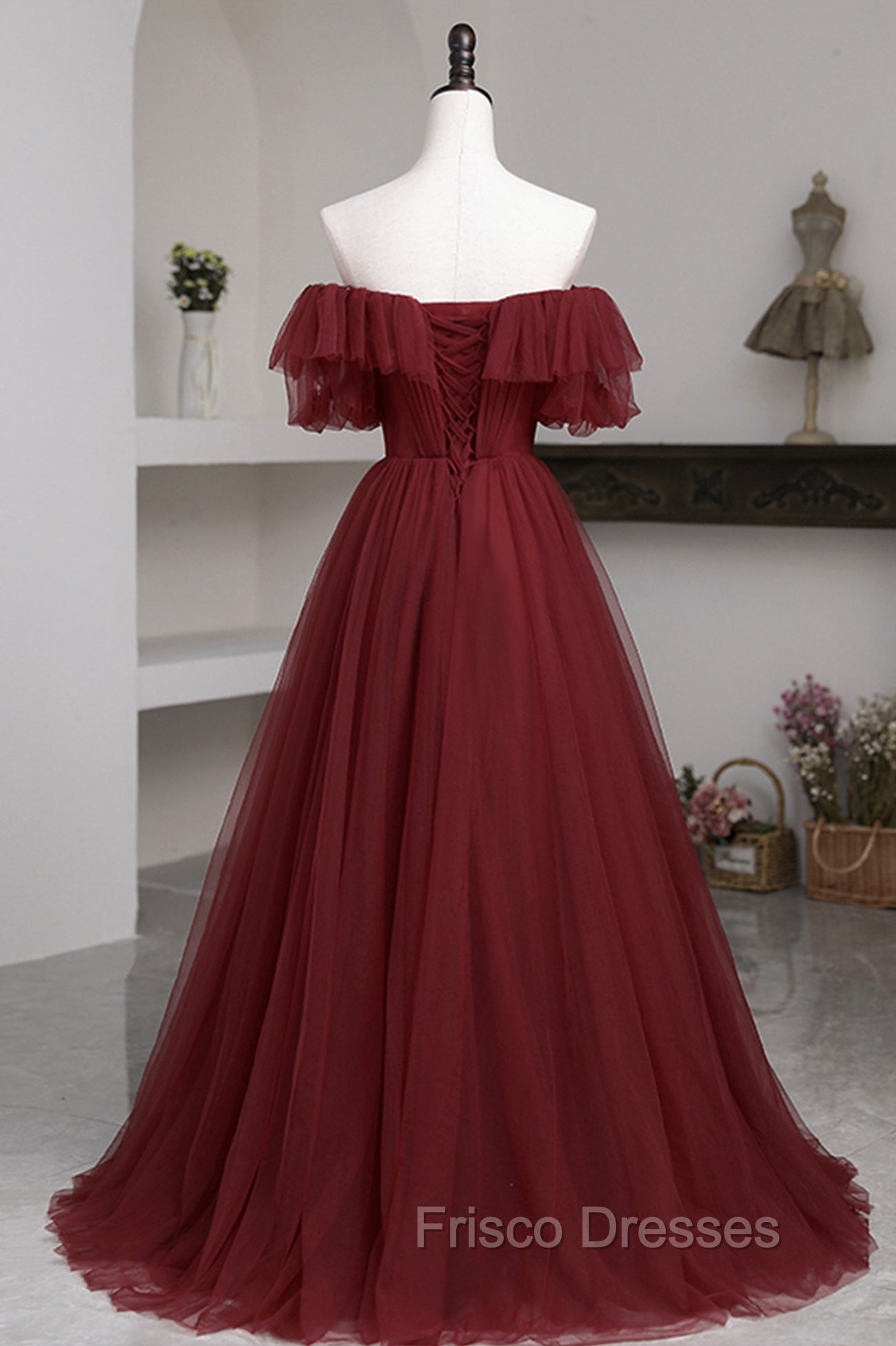 Burgundy Tulle Off the Shoulder Formal Prom Dress, Long A-Line Evening Dress