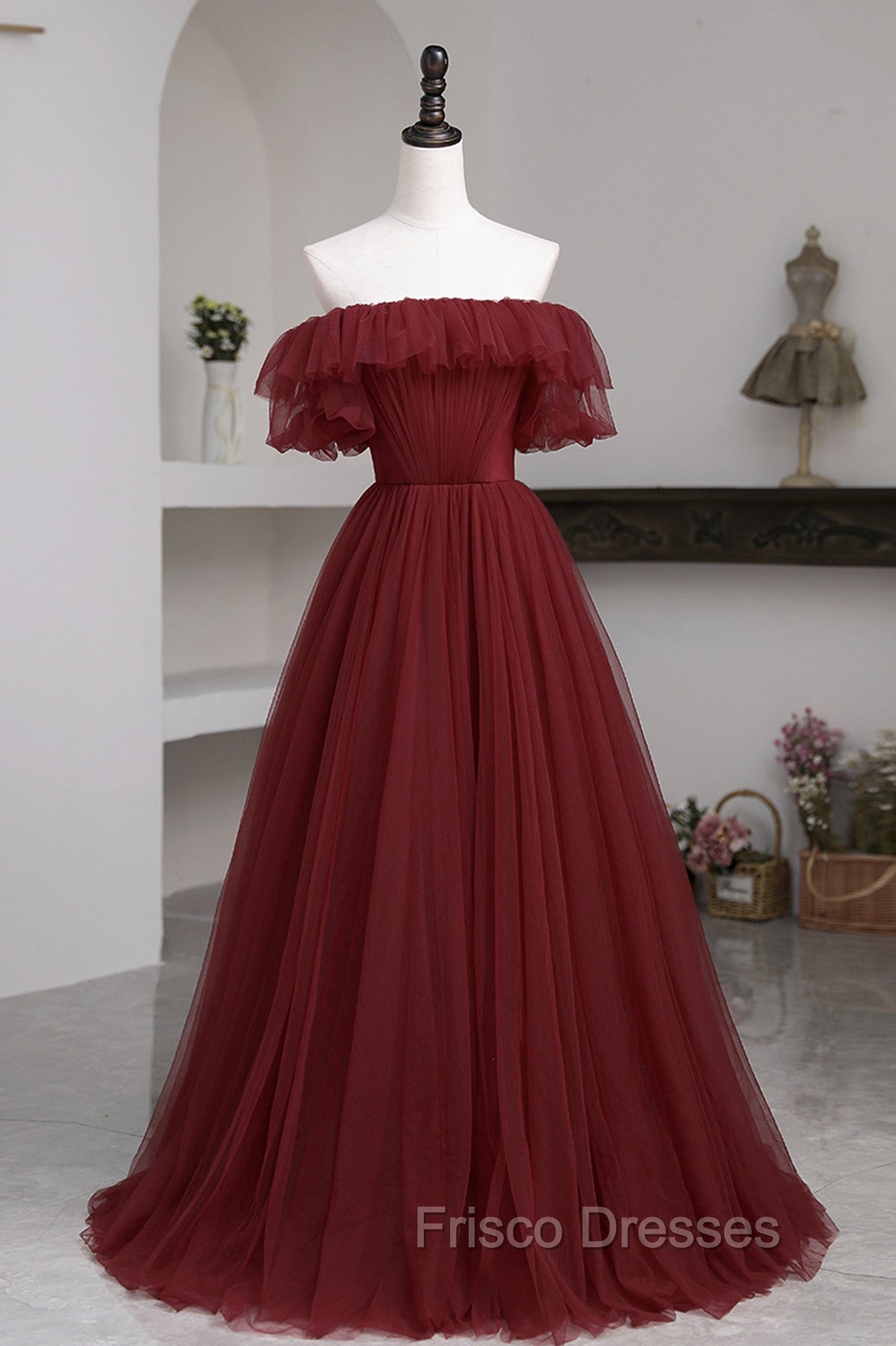 Burgundy Tulle Off the Shoulder Formal Prom Dress, Long A-Line Evening Dress Main image