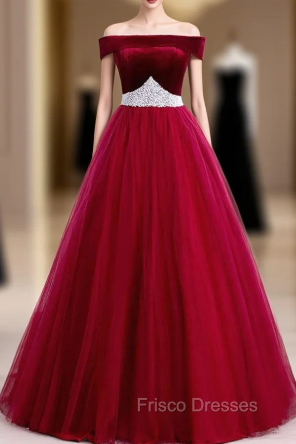 Burgundy Tulle Off the Shoulder Formal Prom Dress With Pearls 2020