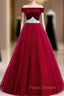 Burgundy Tulle Off the Shoulder Formal Prom Dress With Pearls 2020