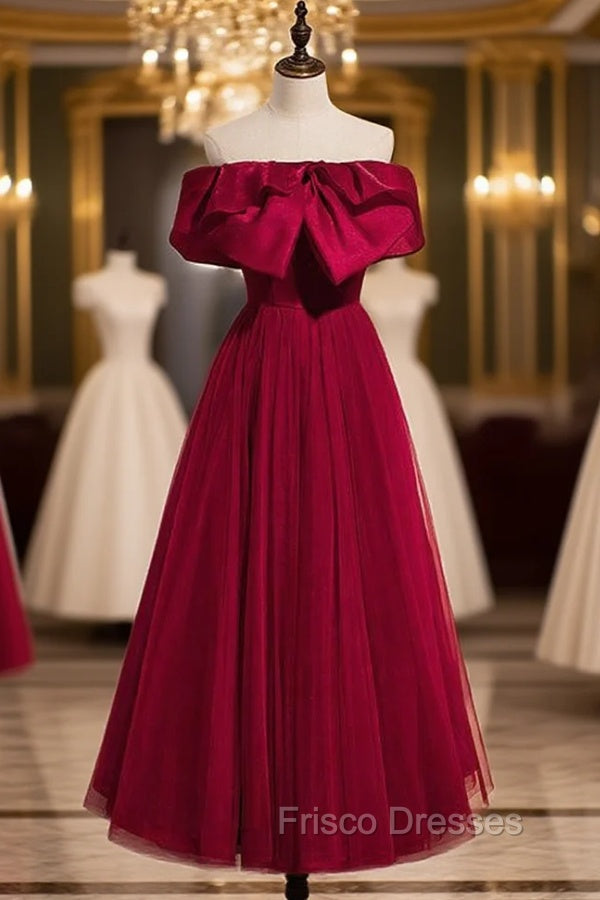 Burgundy Tulle Off the Shoulder Formal Prom Dress