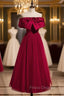 Burgundy Tulle Off the Shoulder Formal Prom Dress