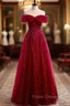 Burgundy Tulle Off the Shoulder Sequins Beading Formal Prom Dress